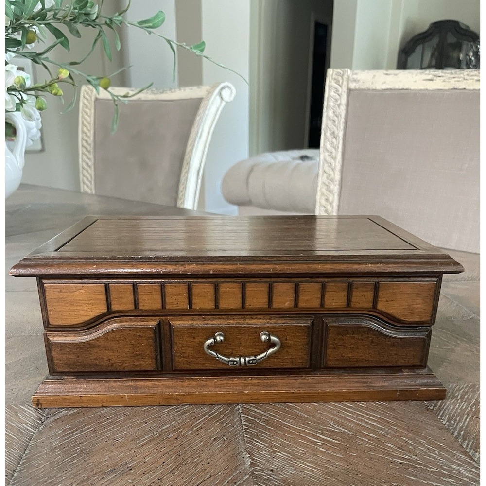Vtg Wooden Brown Chest Style Jewelry Box One Drawer Felted Interior